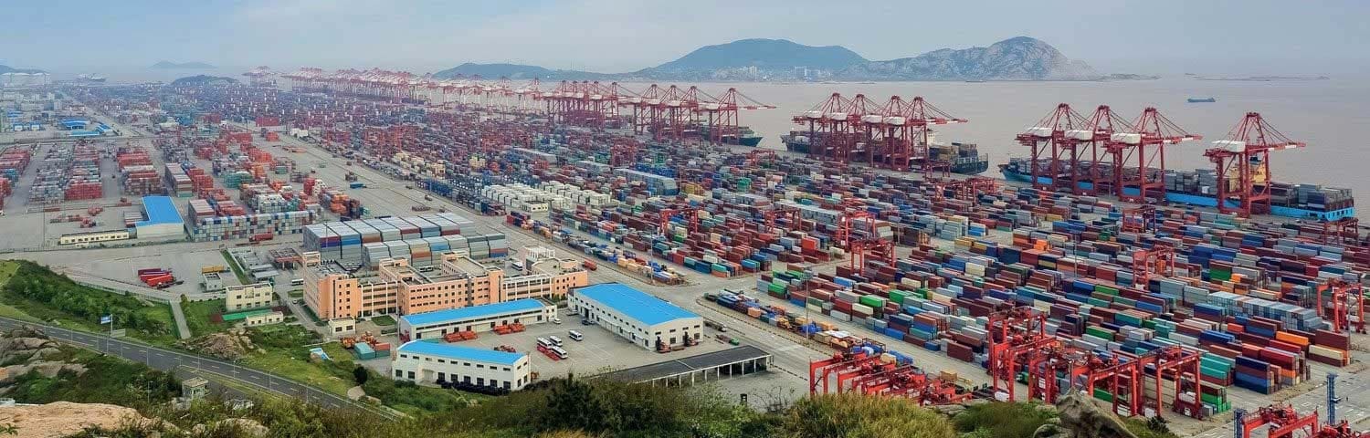 Aerial image of a busy freight trading port in China.