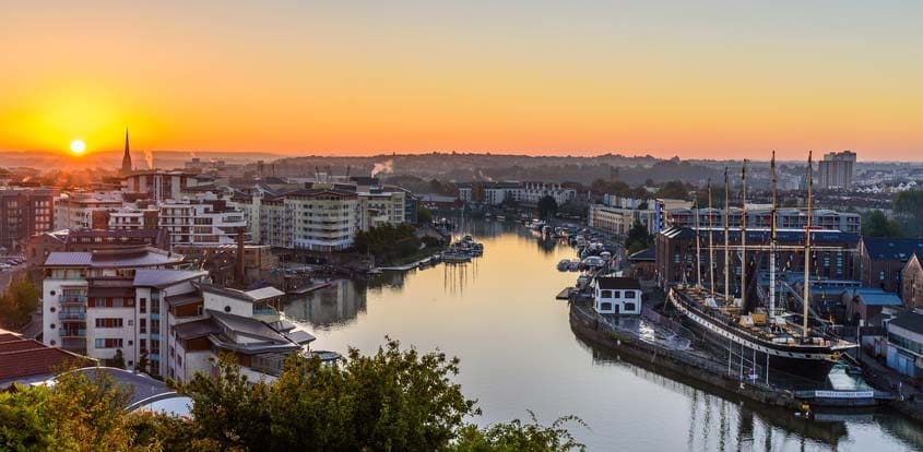 View of Bristol's harbourside during sunrise. You can see the famous ship SS Great Britain to the right of the image.