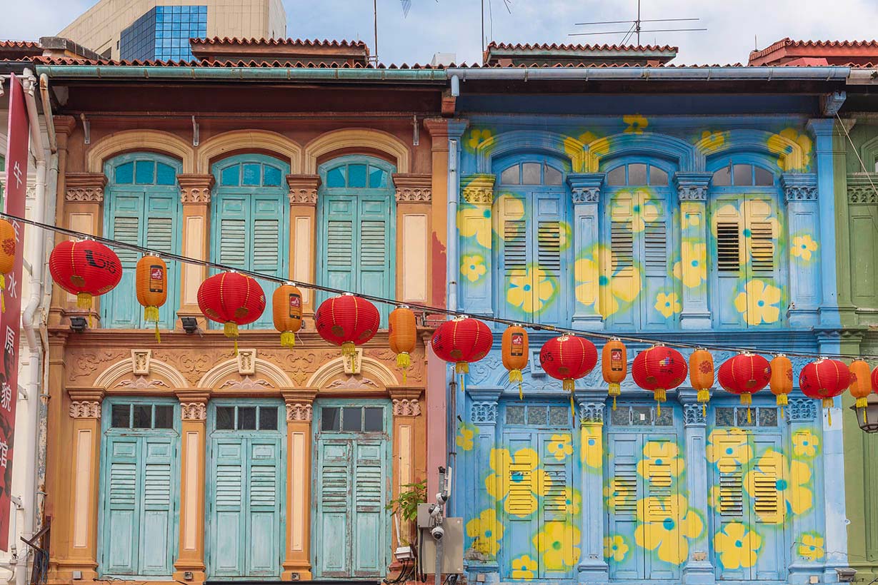 Painted terraced old colonial-era residential building in Chinatown, Singapore.
