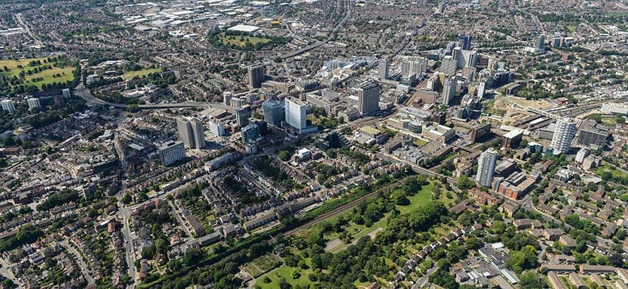 An aerial view of the city of Croydon, London UK.